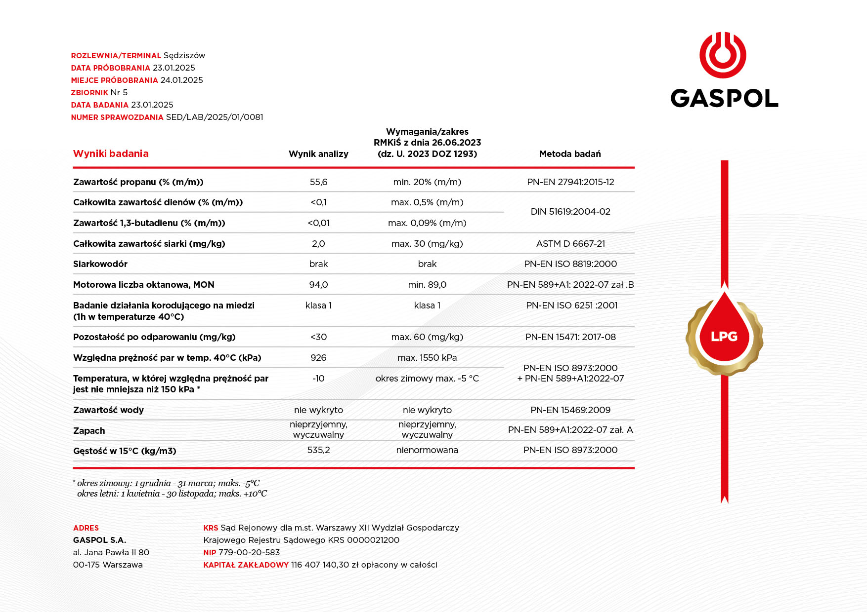 Certyfikat jakości gazu LPG 