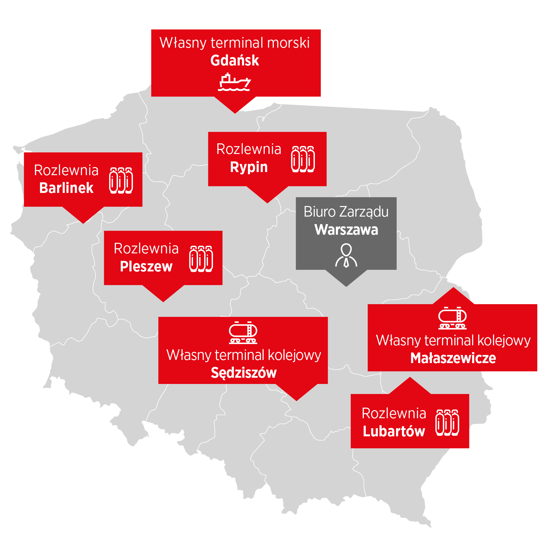 Jesteśmy liderem rynku gazu płynnego w Polsce. Posiadamy własną, nowoczesną infrastrukturę: trzy terminale przeładunkowe, pięć rozlewni gazu płynnego i flotę specjalistycznych cystern do przewozu LPG i LNG. Terminale: morski w Gdańsku i kolejowe w Małaszewiczach oraz Sędziszowie zapewniają nam elastyczność w wyborze dostawców. Dysponujemy rozbudowaną siecią dilerów, baz dystrybucyjnych i ponad 20 tysiącami punktów sprzedaży na terenie całej Polski. 